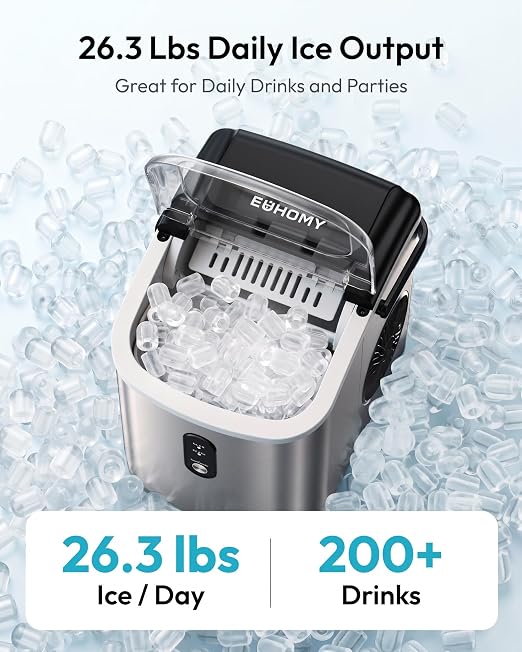 EUHOMY Countertop Ice Maker Machine with Handle, 26.3lbs Per Day, 9 Cubes in 6 Mins, Auto-Cleaning Portable Ice Maker with Basket and Scoop, for Home/Kitchen/Camping/RV (Silver)