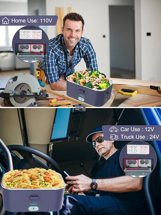 Buddew Electric Lunch Box for Adults, 80W Heated Lunch Box 1.8L Stainless Steel Portable Food Warmer,12/24/110V Lonchera Electrica Portatil for Travel & Work, Loncheras para Hombres de Trabajo