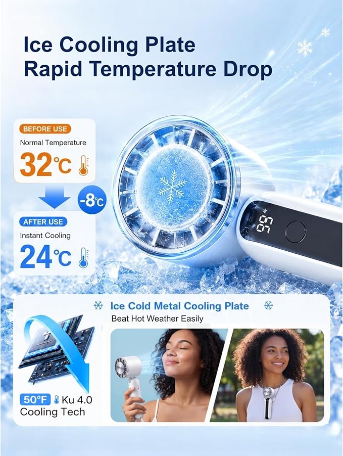 Portable Handheld Fan with Ice Cooling, 3 Speed Dual Turbo Fan, 3000mAh Rechargeable Battery, LED Digital Display, Personal Cooling Fan for Travel Commute Office Outdoor(F23)