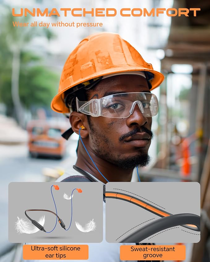 MIPEACE Neckband Bluetooth Work Headphones, 29dB Work Earbuds Bluetooth OSHA Approved-Ear Protection Headphones Noise Reduction for Construction Safety Industry, 20+Hour Battery, 4 EQ Modes