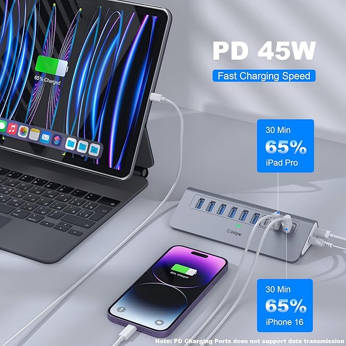Powered USB Hub 10Gbps, intpw YH6AC 9-Port USB Splitter with USB A/USB C 3.2, 4 USB 3.0, 2 PD 45W Charging Ports, 65W Power Adapter + 3.3FT Cable, Aluminum USB Extender Hub for Laptop, PC,iPhone 17/16