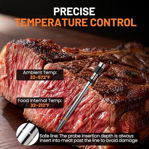 Smart Bluetooth Wireless Meat Thermometer, Real-Time Monitoring Control Digital Thermometer with Smart App, 2 Meat Probes IP67 Waterproof High Accuracy Perfect for BBQ, Oven, Grill & Smoker