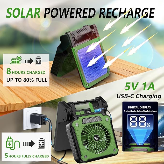 Solar Powered Rechargeable Fan with Light - 3 Speed Portable USB-C Hanger Camping Fan, Power Outage for Home and Kitchen Emergency, Outdoor Tent Fan for Picnic, BBQ and Travel