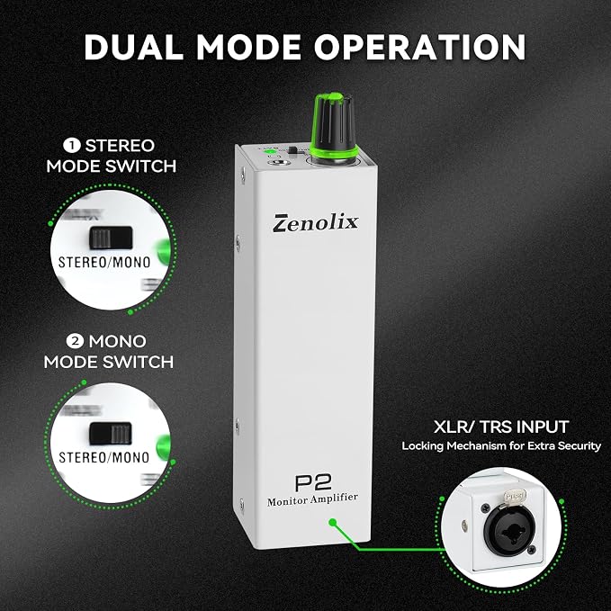 P2 Portable in Ear Monitor Amplifier, Headphone Amp with XLR/TRS Inputs 3.5mm Output, Headphone Amplifier with Durable Belt Clip, Stereo/Mono Switch for Drummers, Guitar, Keyboardists