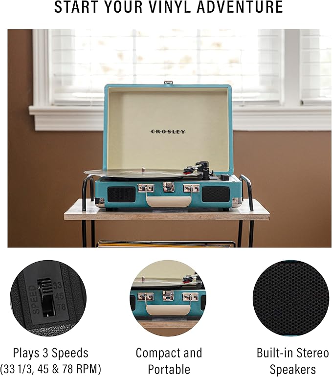 Crosley CR8005F-TU Cruiser Plus Vintage 3-Speed Bluetooth in/Out Suitcase Vinyl Record Player Turntable, Turquoise/White