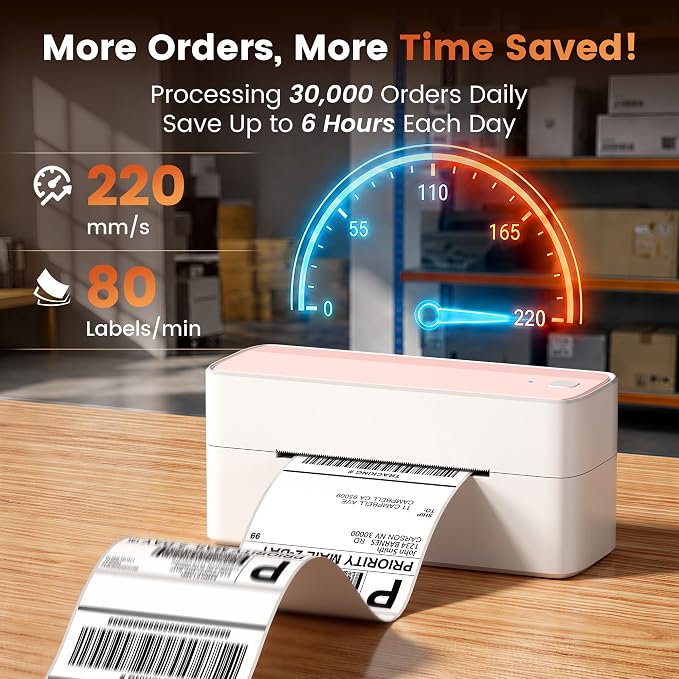 Phomemo High-Speed Shipping Label Printer 220mm/s - 4X6 Wireless Thermal Label Printer for Small Business, Compatible with iPhone, Android, Shopify, Amazon, USPS, Pink