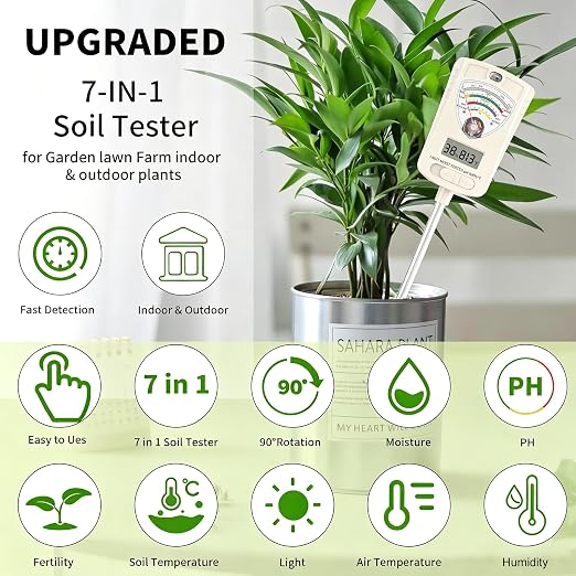 Soil Moisture Meter, 7-in-1 Soil Test Kit with Moisture/pH/Temperature/Sunlight/Air Humidity/Fertility, Soil Tester for Farming, Plants Gardening, Lawn, Gardening and Outdoor Plants