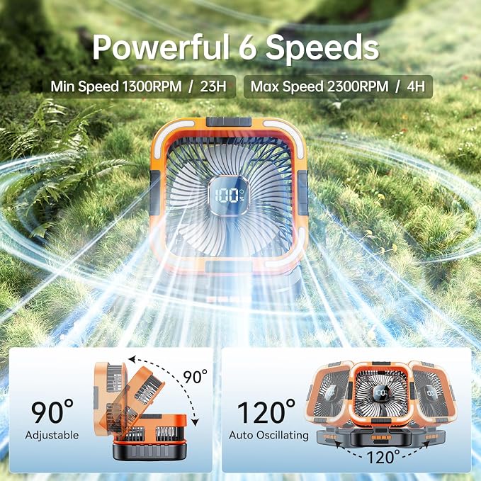 KIMMOO Solar Camping Fan with Light-10000mAh Rechargeable Portable, 6 Speeds, Digital Display, Timer, 120° Oscillation, Cordless Battery Powered Fan for Home Outdoor Tent Travel BBQ Fishing (Orange)