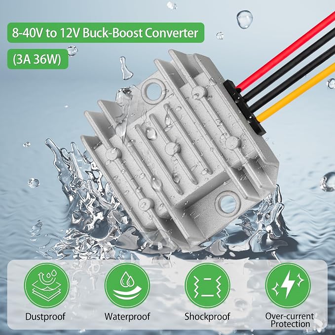 ELFCULB 8V–40V to 12V DC Buck Boost Converter, Voltage Regulator for 12V Devices, 3A 36W / 10A 120W, for Truck, Golf Cart, Solar