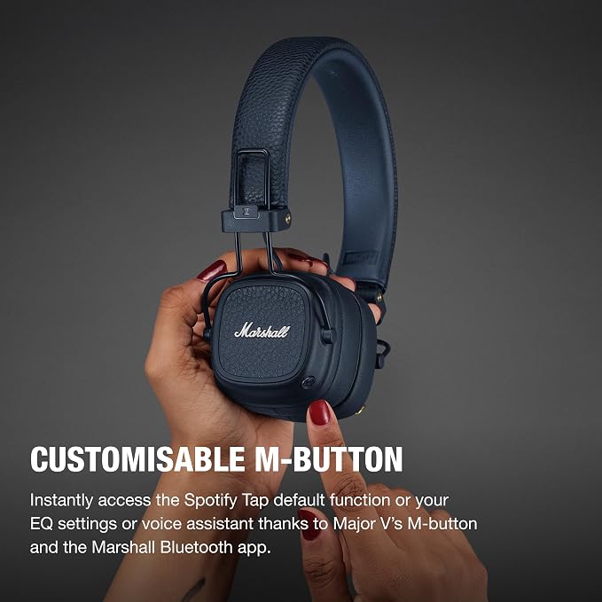 Marshall Major V Wireless On-Ear Bluetooth Headphones - 100+ Hr Playtime | Detachable Audio Cable | Microphone for Calls | Lightweight, Foldable Design for Travel - Midnight Blue