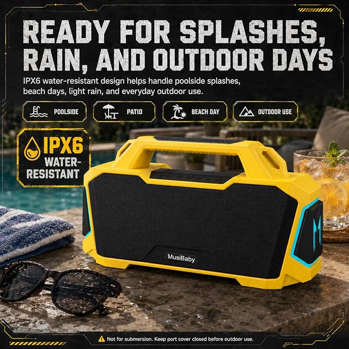 Musibaby 80W Portable Bluetooth Speaker, Loud Bass, IPX6 Waterproof, Yellow | Bright yellow speaker for picnic, tailgate, RV, workshop, projector nights, boat deck, cookouts, USB/AUX music.