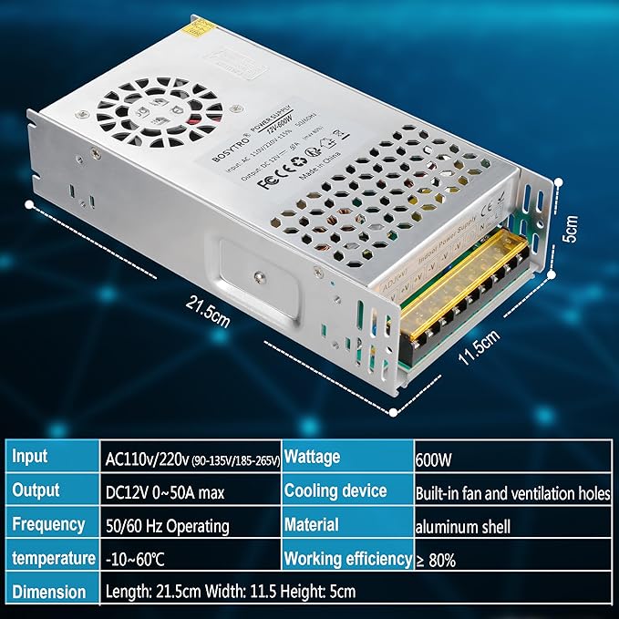 12V 50A 600W DC Switching Power Supply, Universal Regulated Switching AC110V/220V (SMPS), 12 Volt Power Supply for LED Strip Light, CCTV Camera Security System,Computer Project