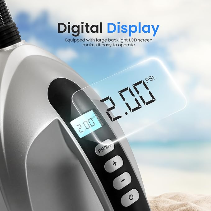 SereneLife Electric Air Pump Compressor – Portable Inflator for SUPs (Stand Up Paddle-Boards) & Pool Inflatables, Digital LCD Display, Adjustable Air Pressure Settings, Car Power Outlet Connection
