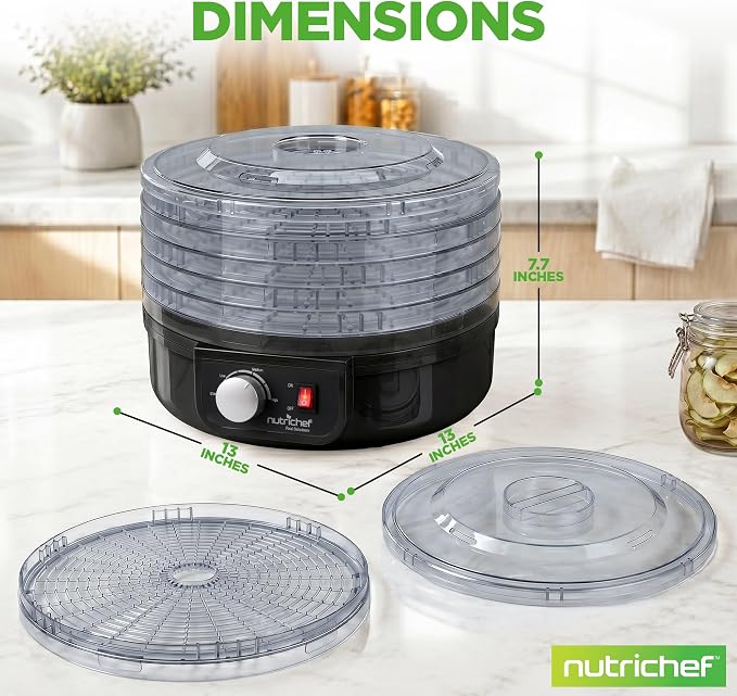 Nutrichef Electric Countertop Food Dehydrator | Professional Multi-Tier Food Preserver | Dehydrate Fish, Beef Jerky, Meats, Mushrooms, Fruits & Vegetables | 5 Stackable Trays for Easy Cleaning