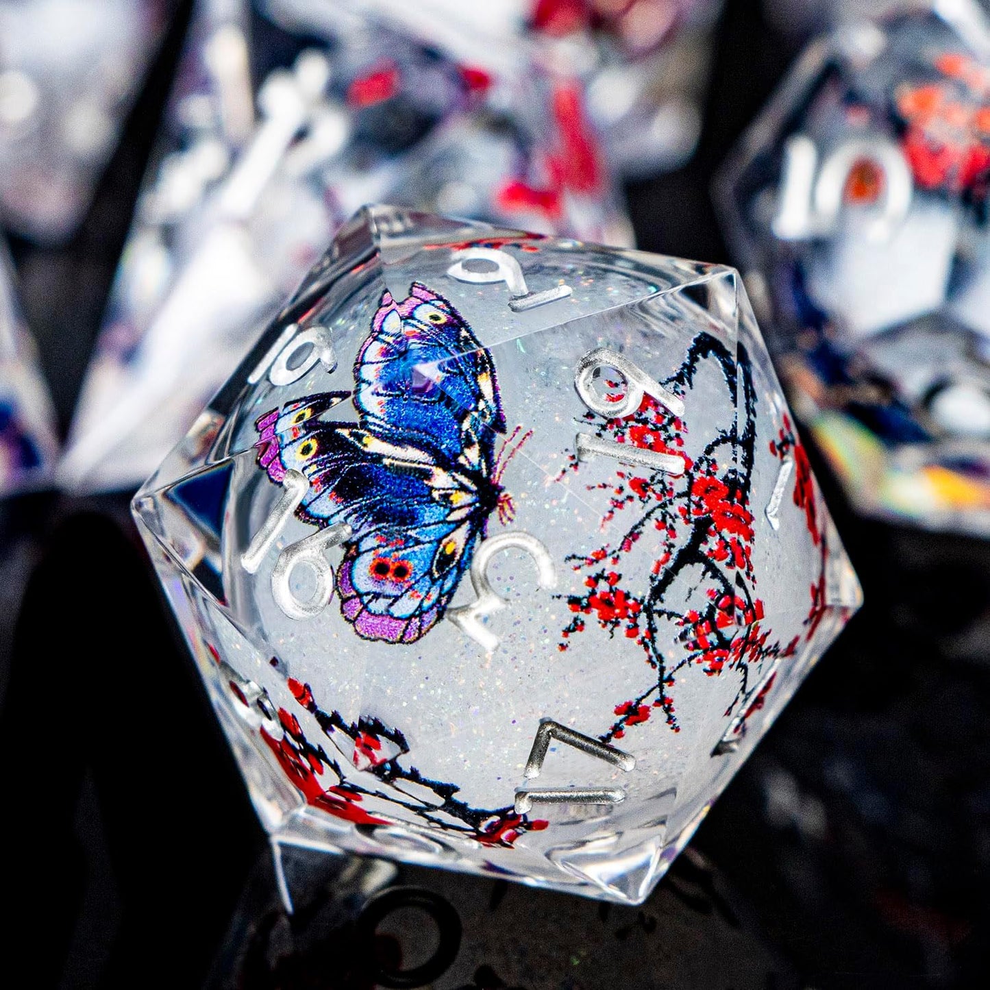 Butterfly DND Dice White Liquid Core Dice Set with Metal Box, Handmade Sharp Edge D and D Polyhedral Dice for use with D&D RPG Role Playing Game