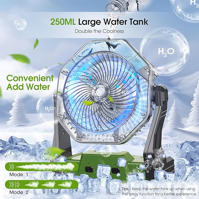 Ausic Portable Misting Camping Fans, [Max 35H Runtime] Outdoor Cooling Fan for Patios, 8 Inch Battery Operated Rechargeable Fans, Water Spray Fan with LED Light, Travel Beach Camp Essential