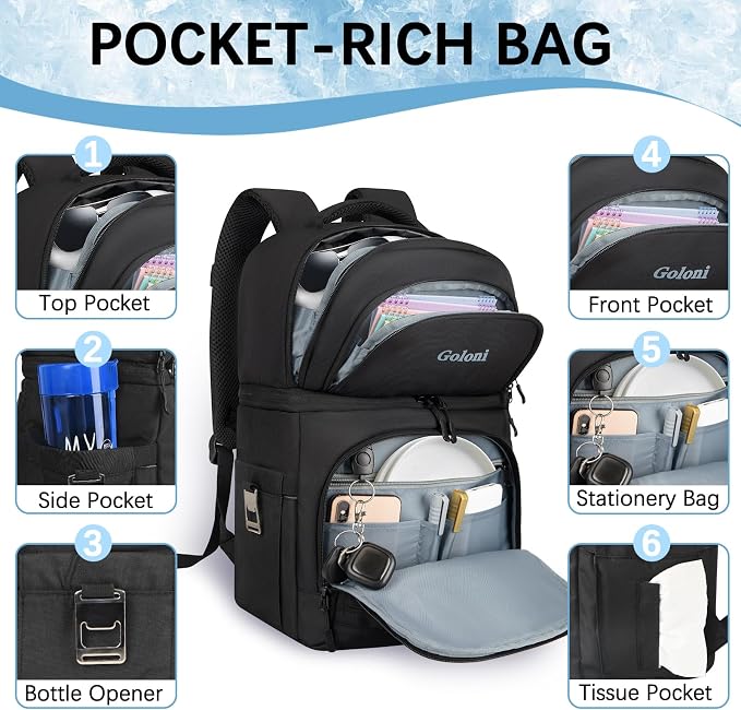 Goloni 40L Insulated Cooler Backpack, Leakproof Lightweight Soft-Sided Cooler with Cooler Compartment