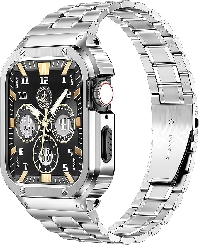 MioHHR Stainless Steel Watch Band with Case Compatible with Apple Watch Series 6 5 4 SE3/2/1(44mm) Series 3/2/1(42mm),Rugged Strap with Metal Protective Bumper Cover for iWatch Band Men(Silver)