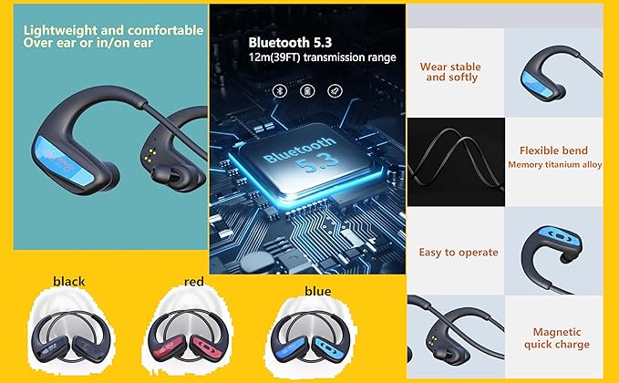 Swimming Headphone Underwater Waterproof Bluetooth ipx8 2 Colors red Blue 32G MP3 Player,in Ear no Falling, for Running Diving Cycling Hiking Gym Spa Other Sports(Blue)
