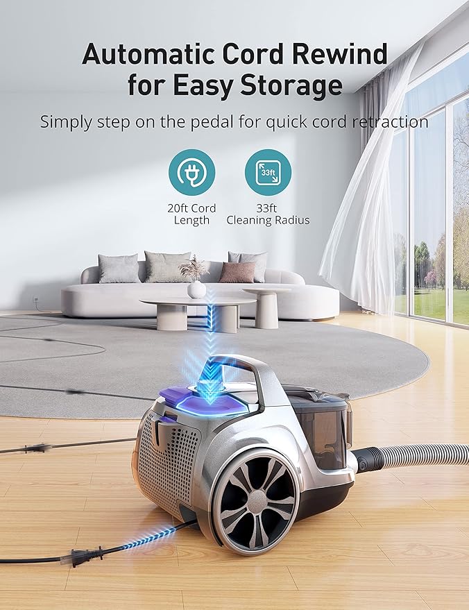 Aspiron 40Kpa Canister Vacuum Cleaner, 1600W Bagless Canister Vacuum Cleaner with 5 Tools, Auto Cord Rewind, H13 HEPA Filter, 4Qt Large Cup, for Hard Floors, Carpet, Pet, Upholstery, Tiles, Purple