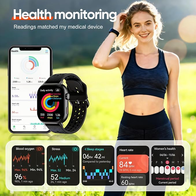 2026 Distance & Pace GPS Running Watch for Runners - Call & Text, AMOLED Large Screen, 50m Waterproof Swimming, Calorie & Step Counter, 2 Bands, Long Battery, for Seniors Men Women (Black)