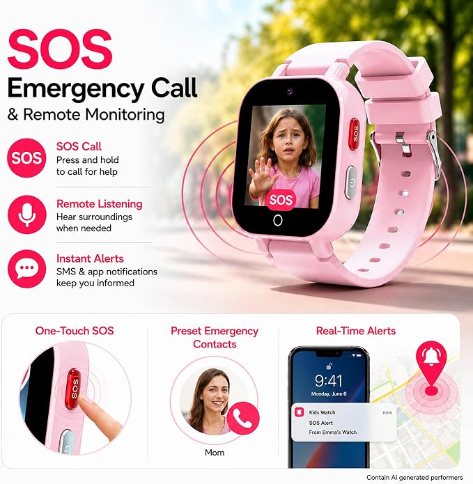4G Kids Smart Watch with GPS Tracker, Video & Voice Call, SOS, WiFi, IP68 Waterproof, AI Smart Features, Parental Control Phone Watch for Boys Girls Age 4-12(SIM Card Included)
