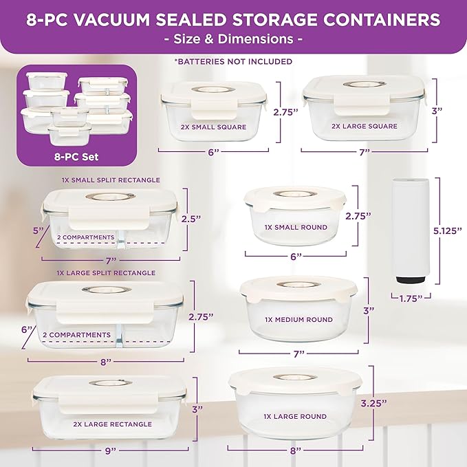 HOLDN’ STORAGE Vacuum Food Storage Containers, Set of 8 Glass Containers & Electronic Pump - Keep Food Fresh Longer, BPA-Free Glass, Leak-Proof, Ideal for Meal Prep, Marinating