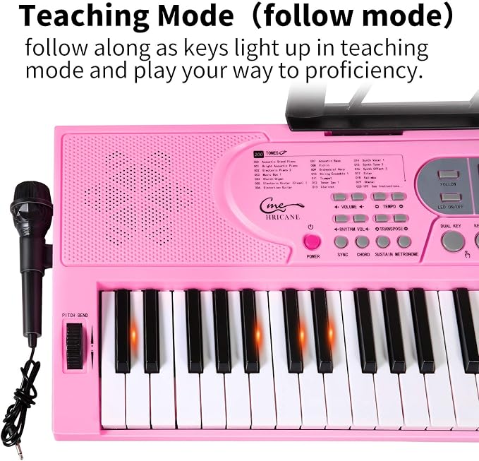 Keyboard Piano Lighted Keys for Beginner Adults Teens Kids, 61 Key Electronic Music Keyboard with Teaching Modes Powered by USB or Battery with LCD Display Microphone Headphone Jack