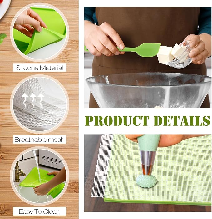 Thenshop 8 Silicone Dehydrator Mats & 10 Mesh Dryer Mats and 1 Baking Scraper, Reusable Non Stick Silicone Dehydrator Tray with Edge for Baking Fruits Meat Vegetables(Green)