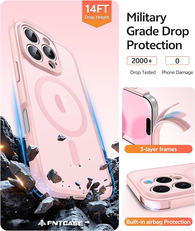 FNTCASE for iPhone 16 Pro Max Case: [Compatible with Magsafe] Translucent Matte Cases with [Full Camera Protection] [Screen Protector] Military Grade Shockproof Protective Phone Cover - Light Pink