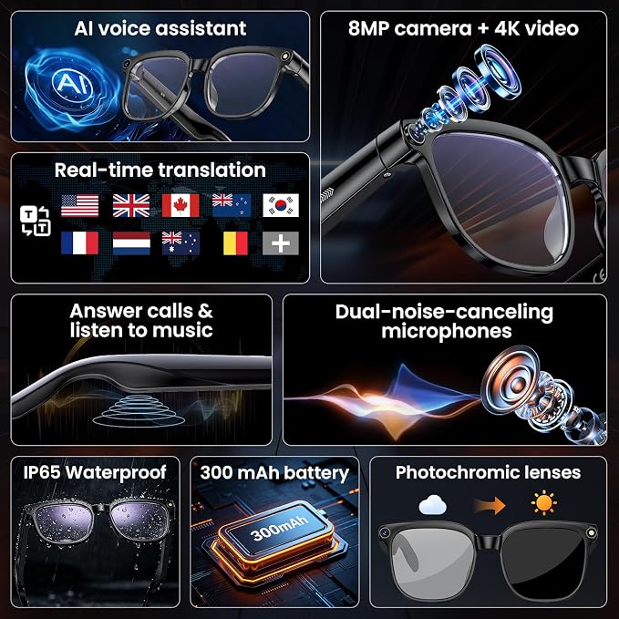Hwagol Smart Glasses with Camera, 8MP HD Photo and Video Recording,AI Glasses with Real-Time Translation/Object Recognition/AI Voice Q&A/Recording, Calls and Music,UV & Blue Light Protection