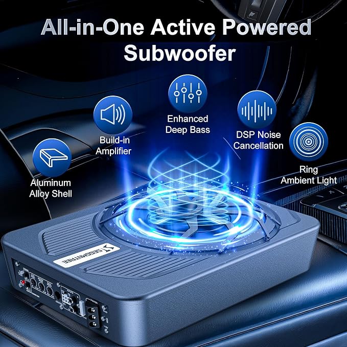 1000w Slim Under Seat Subwoofers with Amp,Car Subwoofer amp with Ambient Light,3.2" Height Amplified Subs High/Low Level Input for Car/Truck Audio,Powered Subwoofer and Amp Package Wire Kit Deep Bass