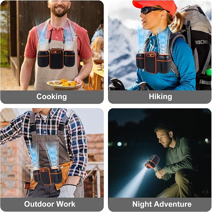 Portable Waist Fan Clip on 1000mAh Wearable Belt Personal Fan Rechargeable Hands-Free Cooling Neck Fans with Dual Outlet, 3 Speeds 12500RPM Strong Airflow, Max 24H Working Time for Outdoor Camping