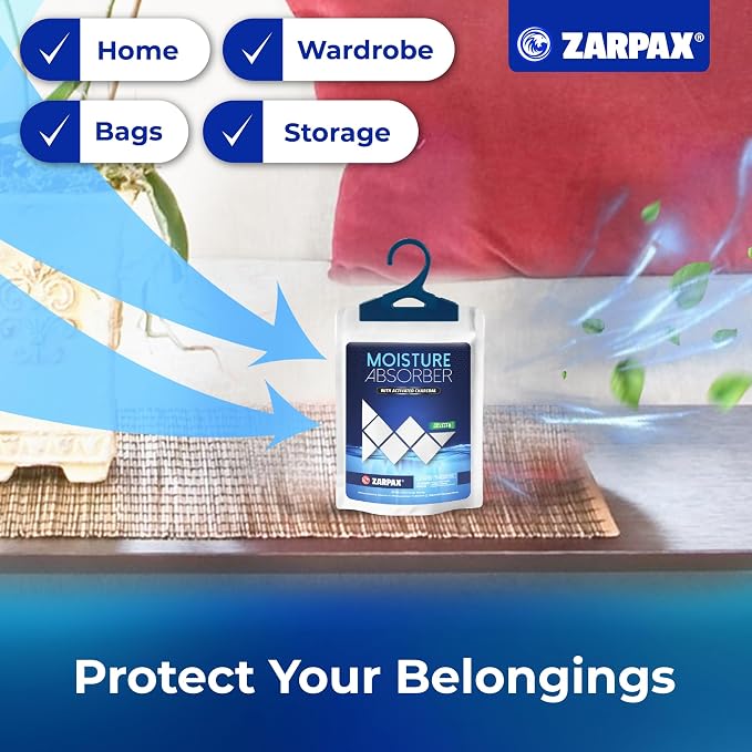 Zarpax Moisture Absorber Sachets Activated Charcoal 7.5 oz/212g - Remove Excess Moisture In Air & Odor - Desiccant Dehumidifier for Closet, Drawer, Storage - Dampness & Humidity Control - Set of 5