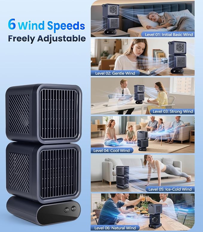 Dual-Head Desktop Fan， Portable Table Fan with Automatic Oscillation, Rechargeable Battery Operated, 12 Inch Small Quiet Fan for Bedroom, Office, Dorm & Home Use，6 Speeds,4000mAh Battery（Blue）