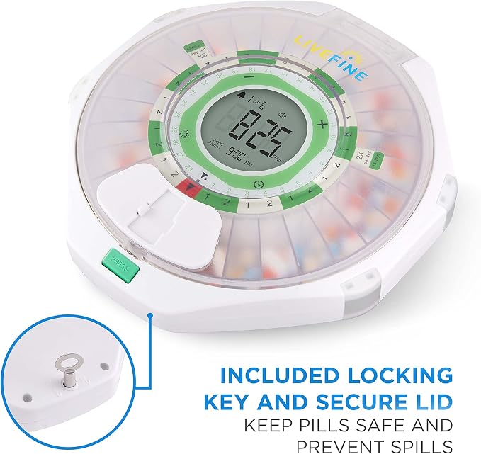 Live Fine 28-Day Automatic Pill Dispenser Frosted Lid with Upgraded LCD Display and Key Lock, Sound & Light for Prescriptions, Medication, Vitamins, Supplements & More