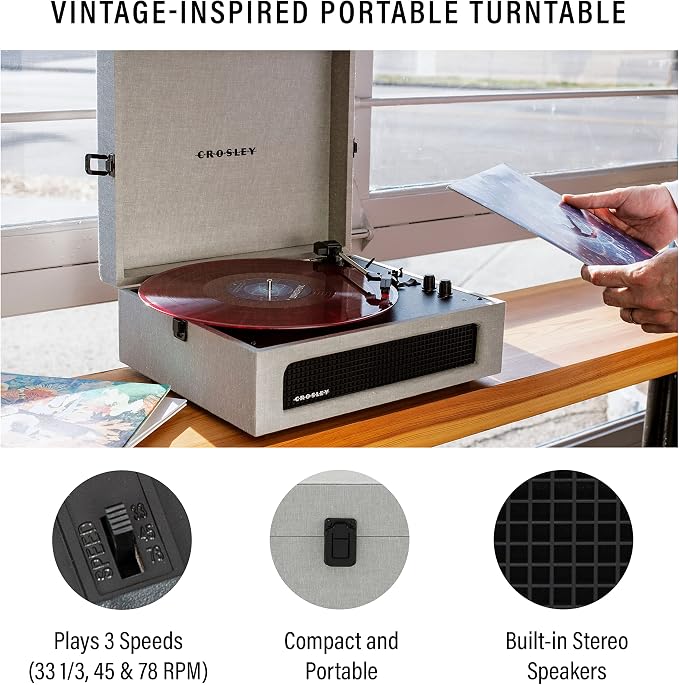 Crosley CR8017B-GY Voyager Vintage Portable Vinyl Record Player Turntable with Bluetooth in/Out and Built-in Speakers, Gray