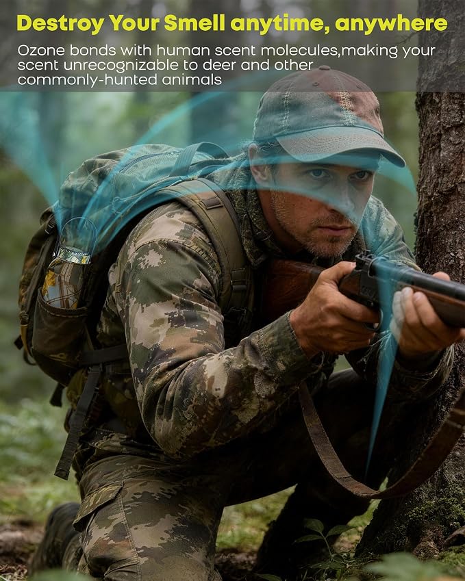 Scent Eliminator Ozone Generator for Hunting - Advanced Odor Control for Blinds, Stands - Includes Rechargeable Battery & Tree Mounting System