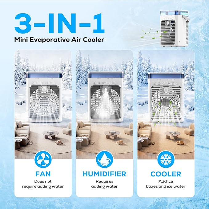 Portable Air Conditioner, 3-in-1 Evaporative Air Cooler with 3 Speeds & 2 Mist Modes, 1000ml Personal Mini AC Unit, USB Powered Small Cooler with RGB Light & Timer for Bedroom Office Desk (Grey)