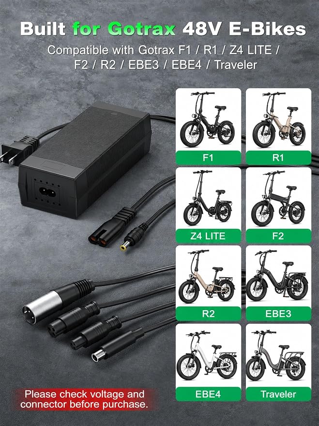 VHBW 54.6V 2A Electric Bike Charger Compatible with Gotrax F1, R1, Z4 Lite, F2, R2, EBE3, EBE4 and Traveler, ETL Listed, 5 Connector Tips, 8.2 ft Cable, LED Indicator