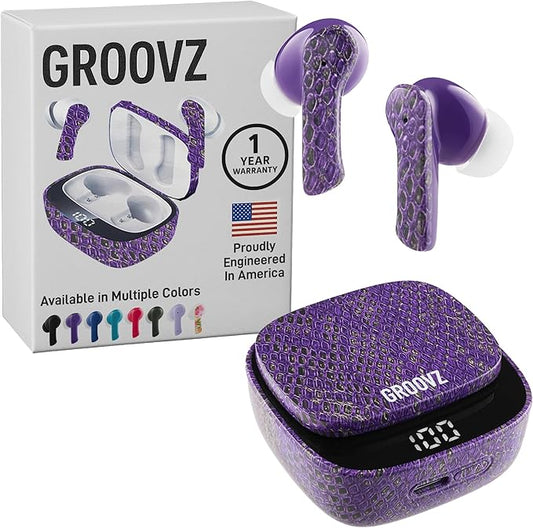 Groovz True Wireless Earbuds with Charging Case - Designed and Engineered in The USA - IPx4 Water Resistant Bluetooth Earbuds Compatible with Apple and Android - 27Hrs Battery Life - Purple Python