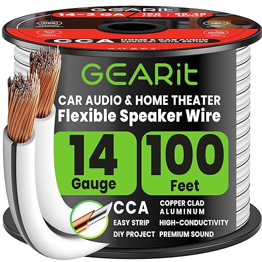 GEARit 14 Gauge Speaker Wire 100 ft,Speaker Cable with Foot Markers & Polarity Markings,14 Gauge Wire for Car Audio & Home Theater Speakers,Audio Cable for DIY Installations,CCA(White)