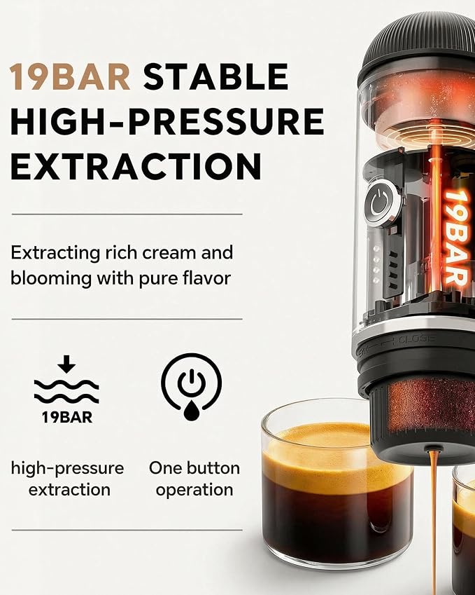 Portable Espresso Machine with 3-4 Min Self-heating, 12V Rechargeable Electric Coffee Machine 19 Bar Compatible with NS Capsules and Ground Coffee for Car Camping Travelling