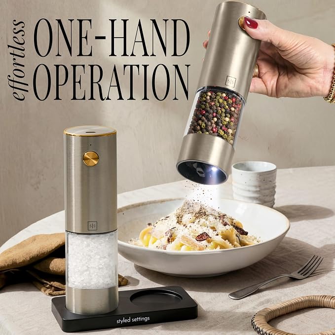 Electric Salt and Pepper Grinder Set Rechargeable – Stainless Steel Salt and Pepper Grinder Set with LED Light, USB Charging, Adjustable Coarseness, Kitchen Gadget Gift for Home Cooks