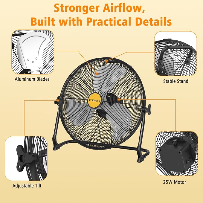 T-SUNiceM 16" Portable Battery Operated Solar Fan for Outdoor Indoor | 15600mAh Rechargeable Battery,25W Motor with Aluminum Blades,3.5H Fast Charging,360° Tilt Design,USB Type-C Output