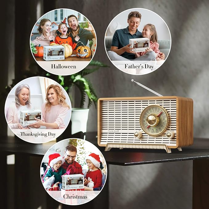 YOWGULF AM FM Radio Classic Retro Wood Table Radio Bluetooth Speakers Radios Plug-in Wall with Rotary Knob Great for Home, Office