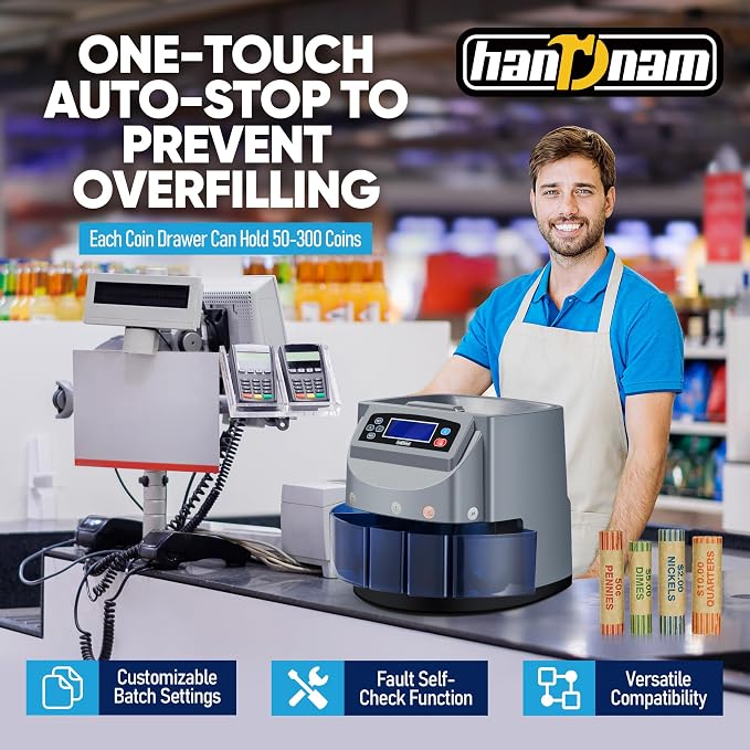 Coin Counter Machine, Electric Coin Sorter Sort 270 Coins/Minute, USD Change Counter Machine,500 Coins Capacity Automatic Coin Sorter and Wrapper Machine, Coin Counting Roller Machine with LCD Display