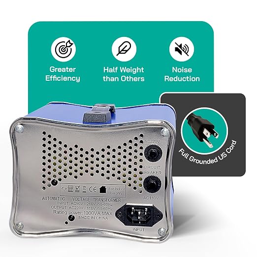 LiteFuze 1000W Voltage Converter Step-up/Down Auto Power Transformer - 110/120v to 220/240v - Heavy Duty – Circuit Breaker Protection – Converting Box Technology - Blue