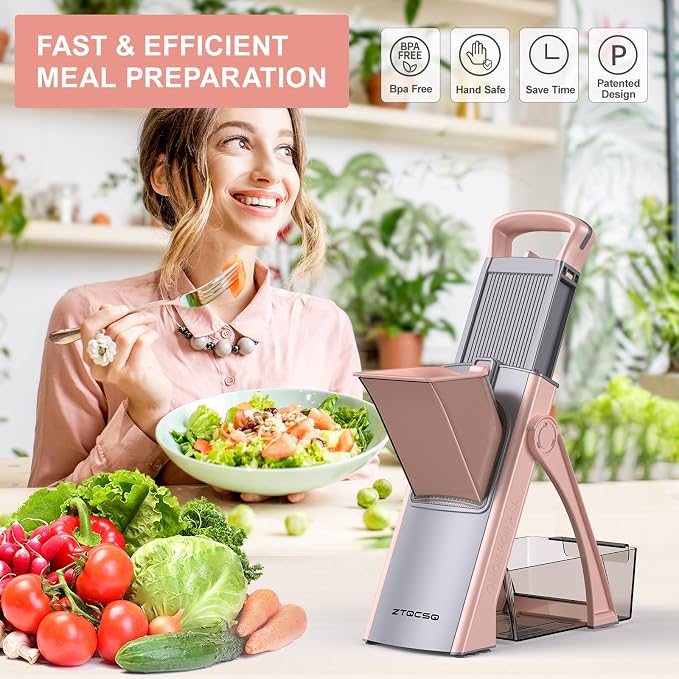 [All in 1] Upgraded Version Safe Mandoline Slicer for Kitchen, Adjustable Thickness. Veggie Slicer, Rapid Prep Mandoline, Detachable Blade, Cleaning Brush/Paring Knife (GrayPink)