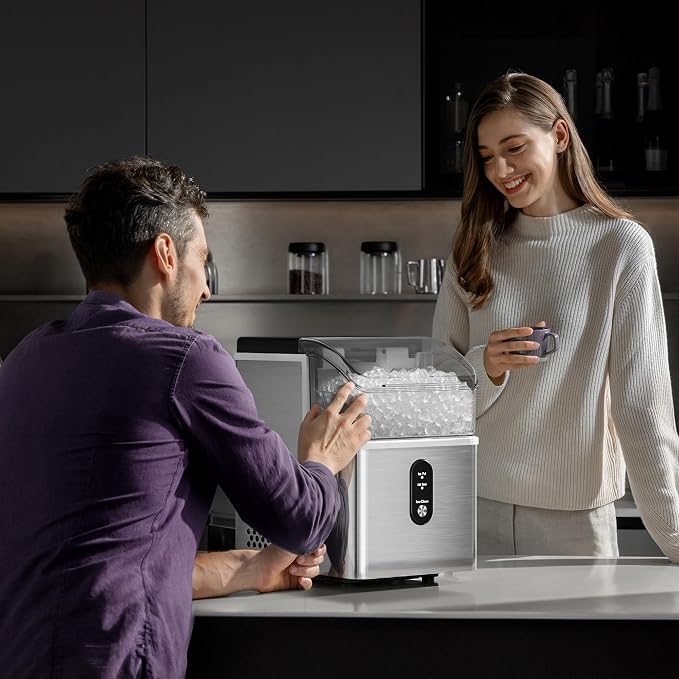 Kismile Portable Nugget Ice Maker Countertop, 33Lbs/Day Pebble Ice Machine with Self-Cleaning Function, Chewable Sonic Ice Maker with 1.1L Water Tank for Home Kitchen Office Bar